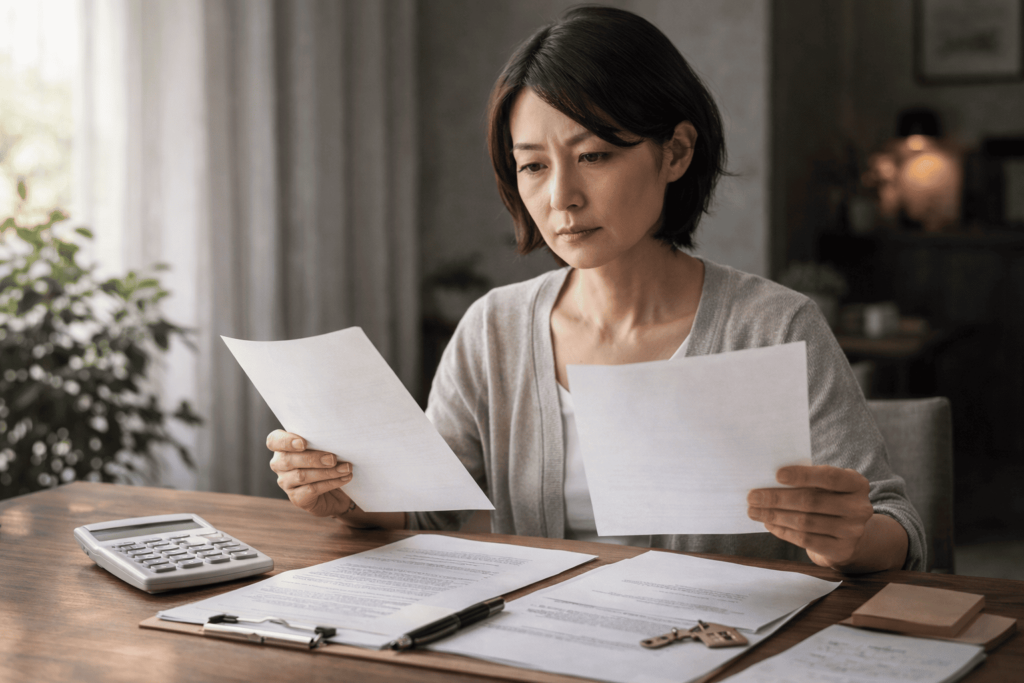 団信オプションと家計負担のバランスを冷静に比較検討する日本人女性のイメージ