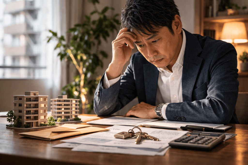 黒字でも資金が苦しくなるデッドクロスの罠に気づき、不安そうに資料を見る日本人男性