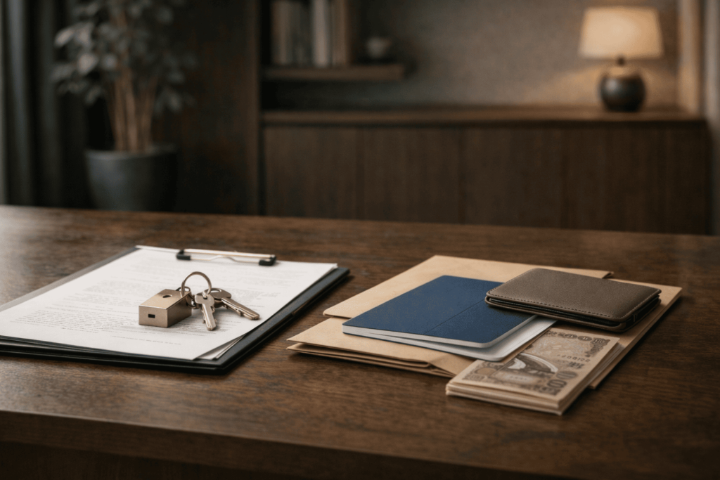 2件目購入に必要な自己資金と慎重な資金計画をイメージさせる鍵と書類の静物写真