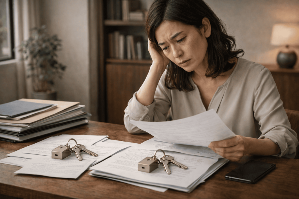 複数物件の管理に伴う手間と負担を感じながら書類確認をする日本人女性