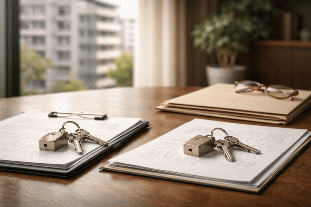 2組の鍵と書類で、複数物件所有による収益分散と安定感を表現した不動産投資イメージ