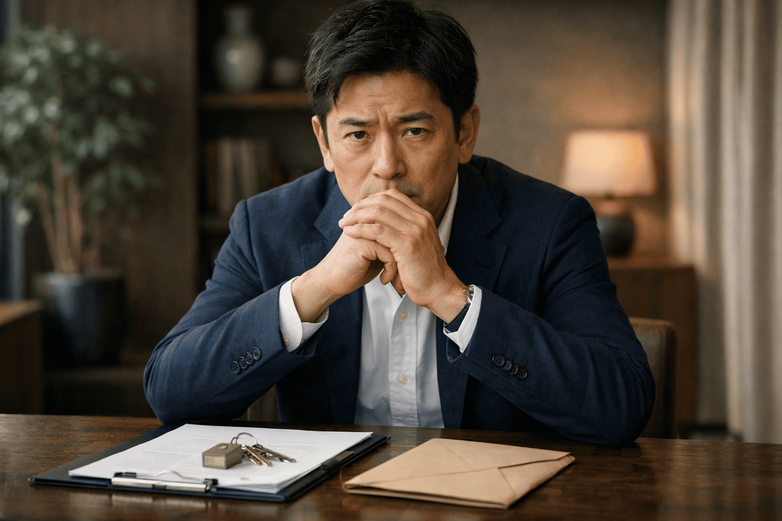 2件目のワンルームマンション購入を前に、資料と鍵を見ながら慎重に判断する日本人男性オーナー