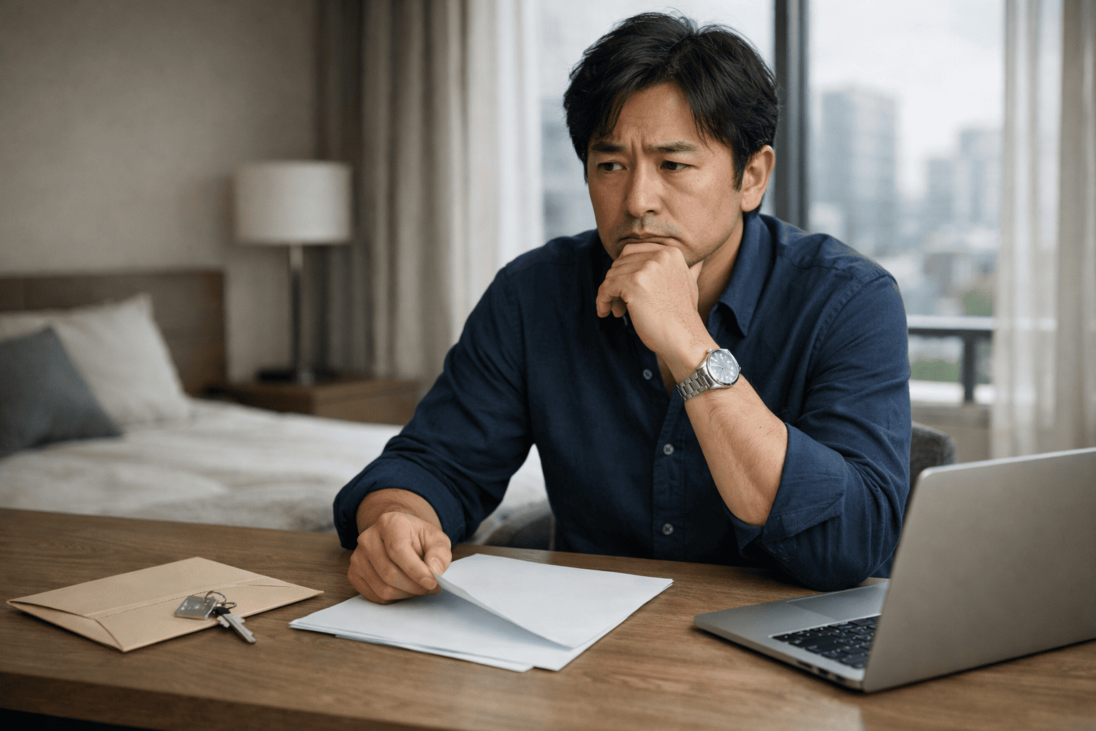 ワンルームマンション投資の収支を前に、損益分岐点を真剣に考える日本人男性オーナーのイメージ