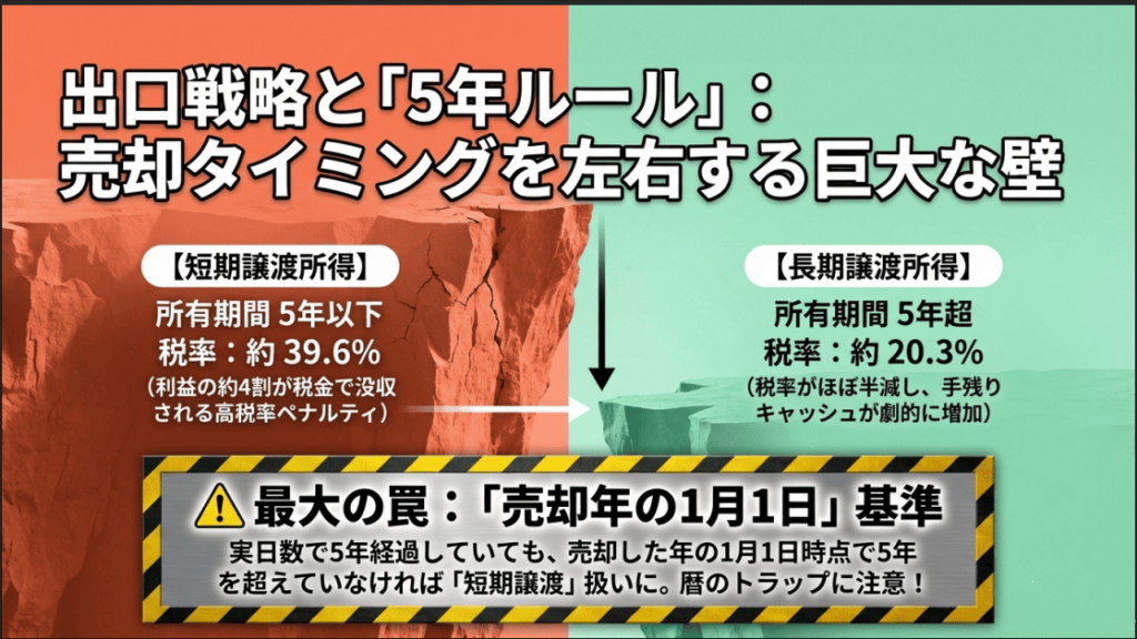 短期譲渡と長期譲渡のちがいを解説するイメージ