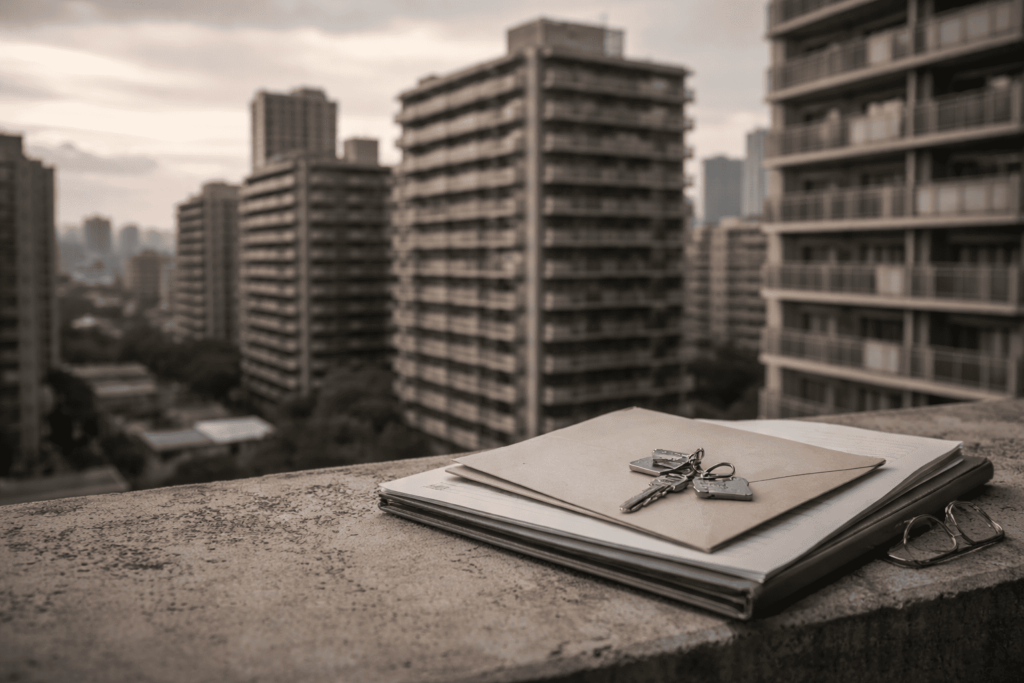 築年数の経過と修繕積立金の増額リスクを想起させる日本のマンション外観イメージ