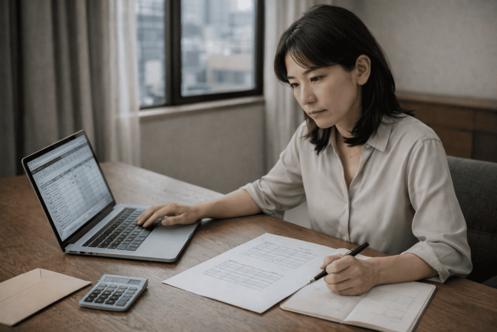ノートPCと資料を使って不動産投資の損益分岐点を計算する日本人女性のイメージ