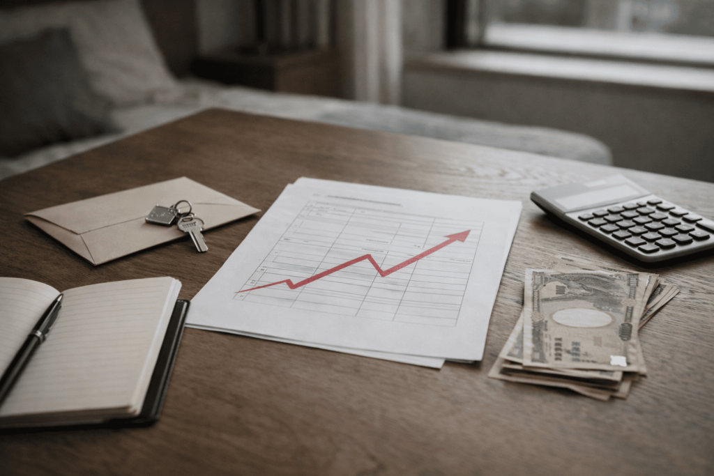 帳簿上の利益と手元現金のズレを連想させる不動産収支資料と鍵のイメージ