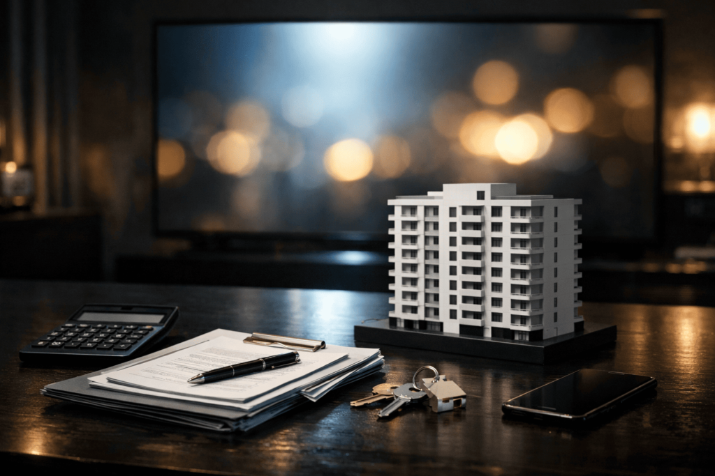 レビCMの華やかさと不動産投資の現実を対比するように、マンション模型や電卓、書類、鍵が暗めのテーブルに置かれたイメージ