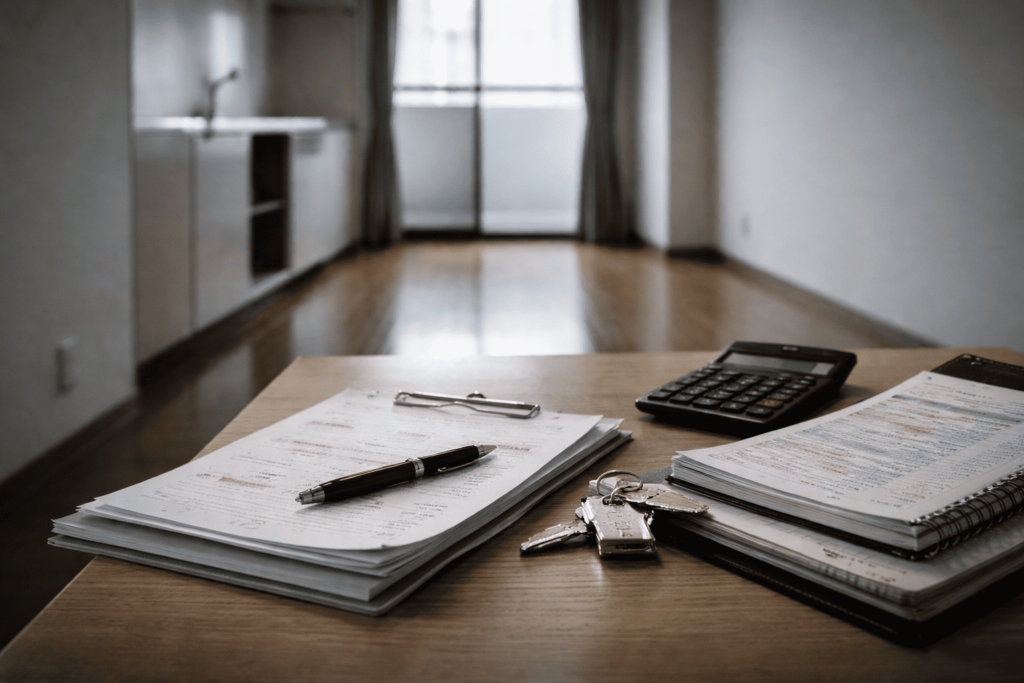 空室のワンルーム物件を背景に、鍵や電卓、書類が置かれ、広告料や空室リスクによる収益悪化を連想させるイメージ