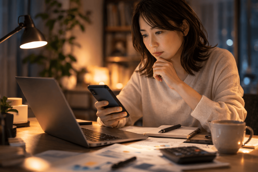 夜の室内でスマートフォンとノートPCを使い、不動産投資会社の評判や情報を調べる日本人女性の様子