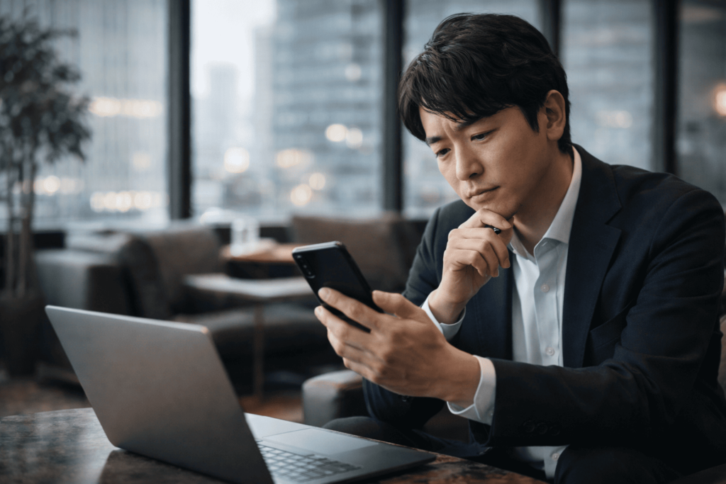 都市的なオフィス空間でスマートフォンを見つめる日本人男性が、不動産投資CMのターゲット像を思わせるシーン