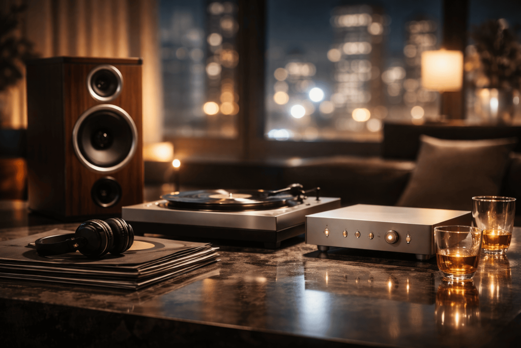 高級感のあるラウンジ風空間に音楽を連想させる要素が配置され、感情に訴えるCM演出を抽象的に表現したイメージ