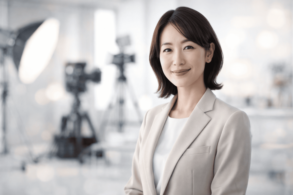 清潔感のある日本人女性が広告撮影のような空間で柔らかく微笑み、好感度によるイメージ戦略を連想させるシーン