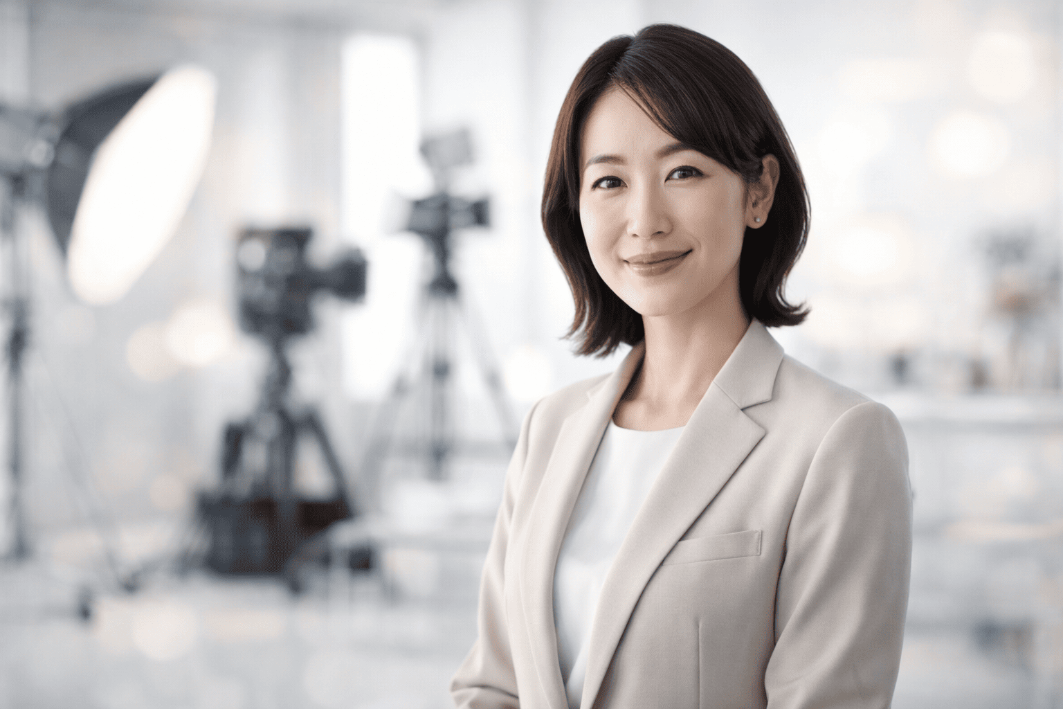 清潔感のある日本人女性が広告撮影のような空間で柔らかく微笑み、好感度によるイメージ戦略を連想させるシーン