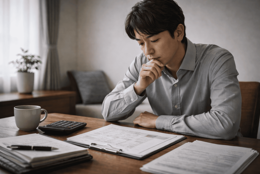書類と電卓を前に、日本人男性が冷静に収支や数字を見つめて投資判断を考えているシーン