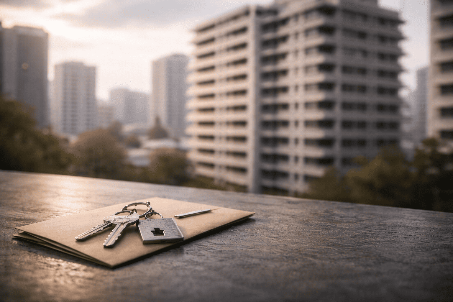 実質利回りの見えにくさを表現した、マンション外観と鍵を組み合わせた上質なイメージ