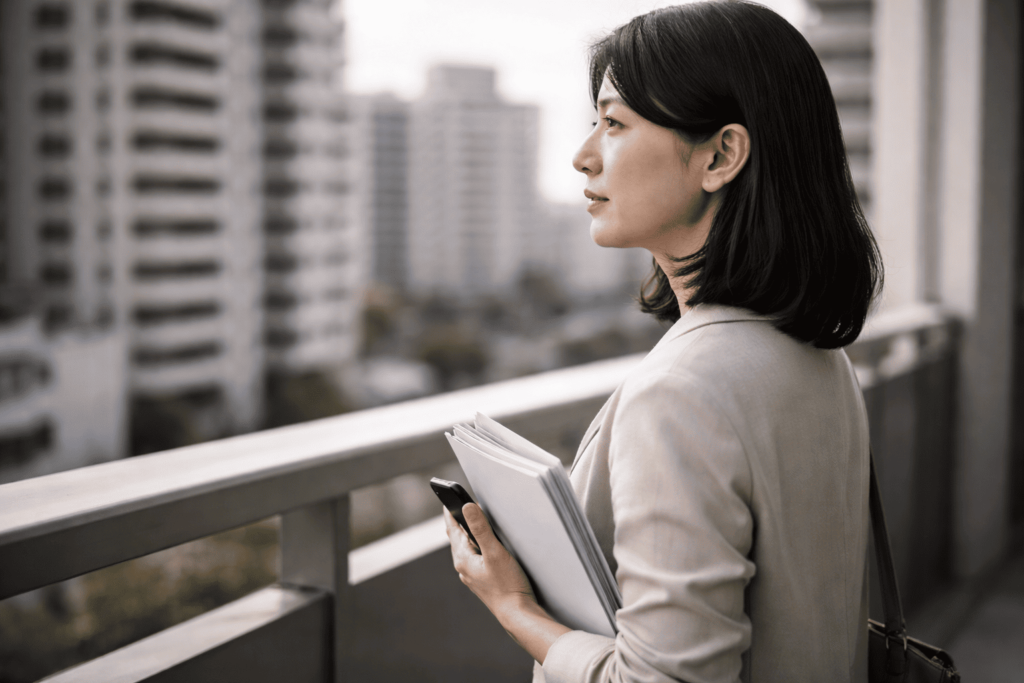 ワンルームマンションの売却や再出発を考えながら静かに立つ日本人女性のイメージ