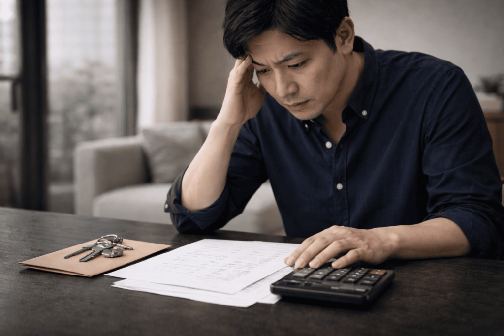金利上昇による返済負担を考えながら資料を見つめる日本人男性の様子