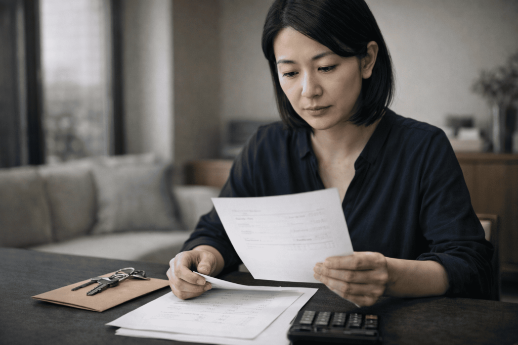 諸費用や維持費に関する書類を前に、現実的な支出を確認する日本人女性のイメージ