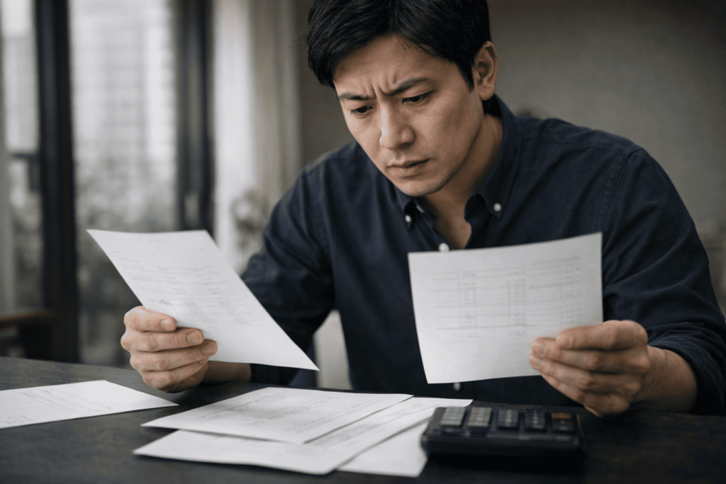 複数の資料を見比べながら、表面利回りと実質利回りの違いを考える日本人男性の様子