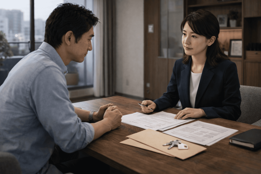 任意売却などの解決策を落ち着いて相談する、日本人男性オーナーと日本人女性専門家の面談シーン