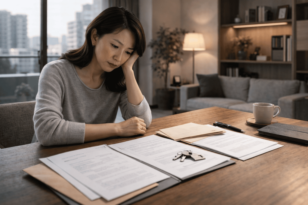 住宅関連の書類と鍵を前に、家を売れない現実に悩む日本人女性の静かな室内シーン