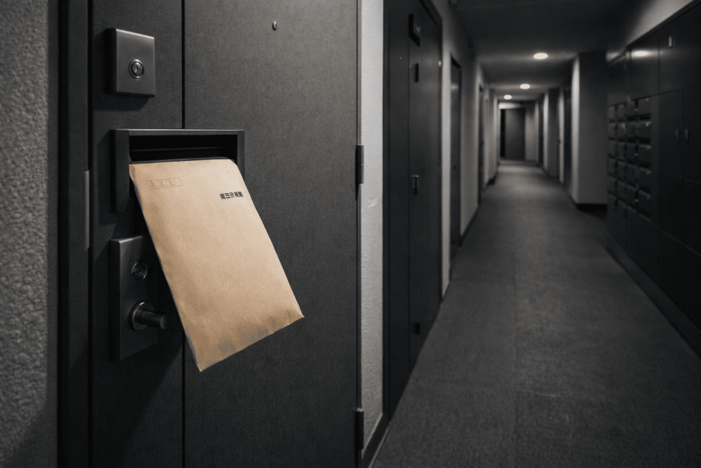 マンションの玄関と無地の封筒が静かに写り、住宅ローン不正利用の発覚リスクを感じさせるイメージ