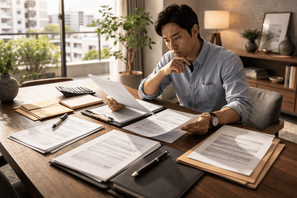 複数の無地の契約書を前に、不自然さに気づいて戸惑う日本人男性の相談シーン