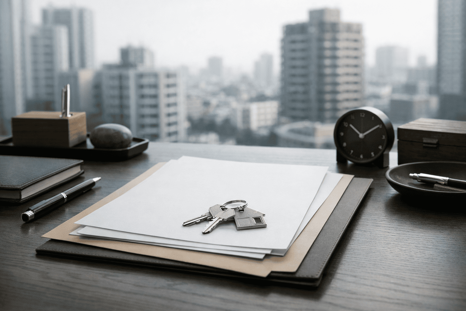 オーバーローン契約の危うさを象徴するように、無地の書類や鍵が静かな室内に置かれ、背景にマンション群がぼけて見える不動産イメージ