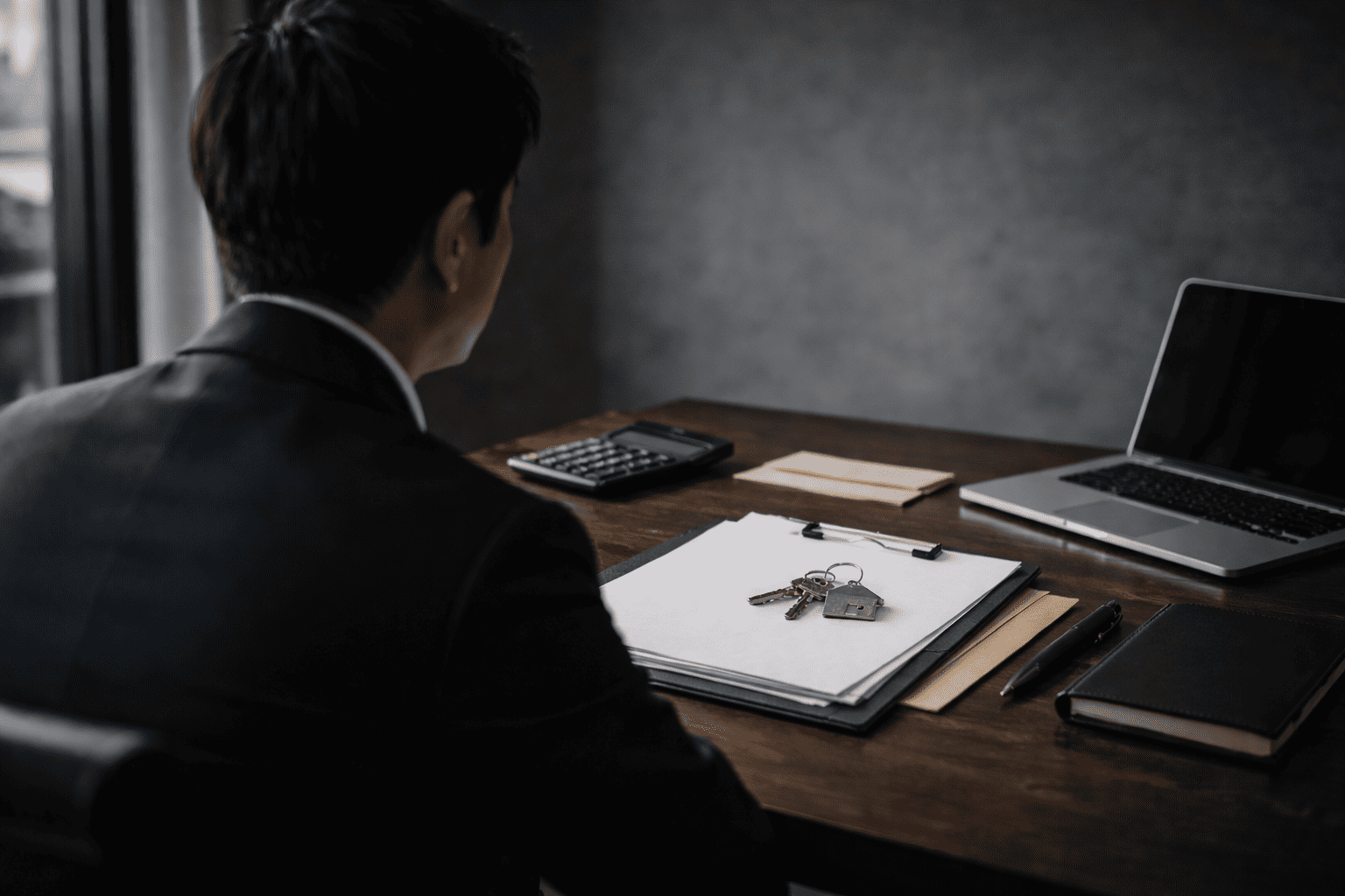 書類やノートPCが並ぶ机に向かう男性の後ろ姿が、静かに不動産業界の現実と向き合う管理人の雰囲気を表している。