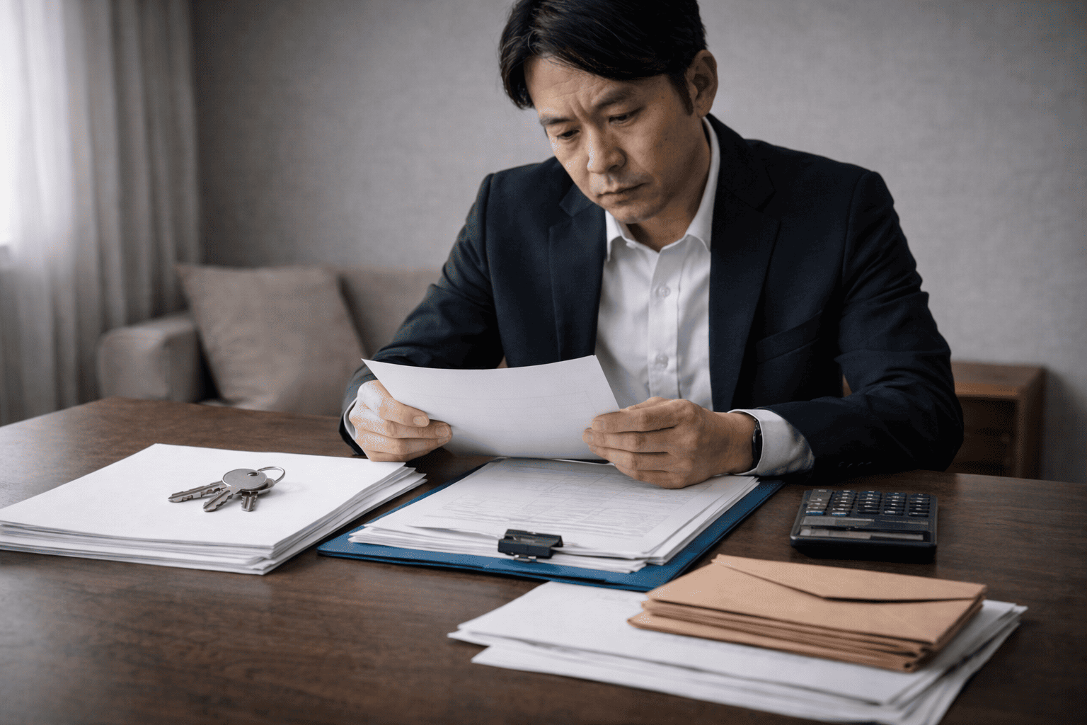サブリース契約の資料を前に、日本人男性が真剣な表情でリスクを確認しているアイキャッチ画像