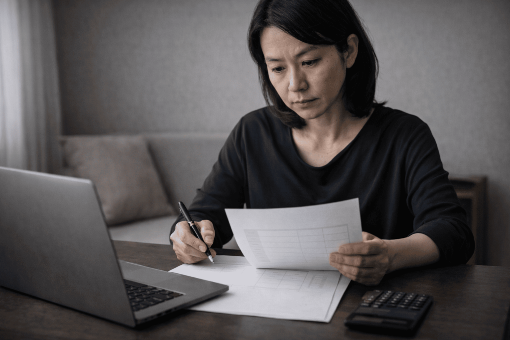 日本人女性が収支シミュレーション資料と電卓を使って慎重に数字を確認しているシーン