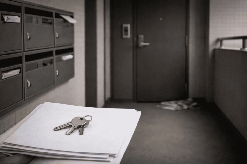 連絡不能な賃貸管理の混乱を思わせる、静かな共用廊下と郵便受けのフォトリアルなイメージ