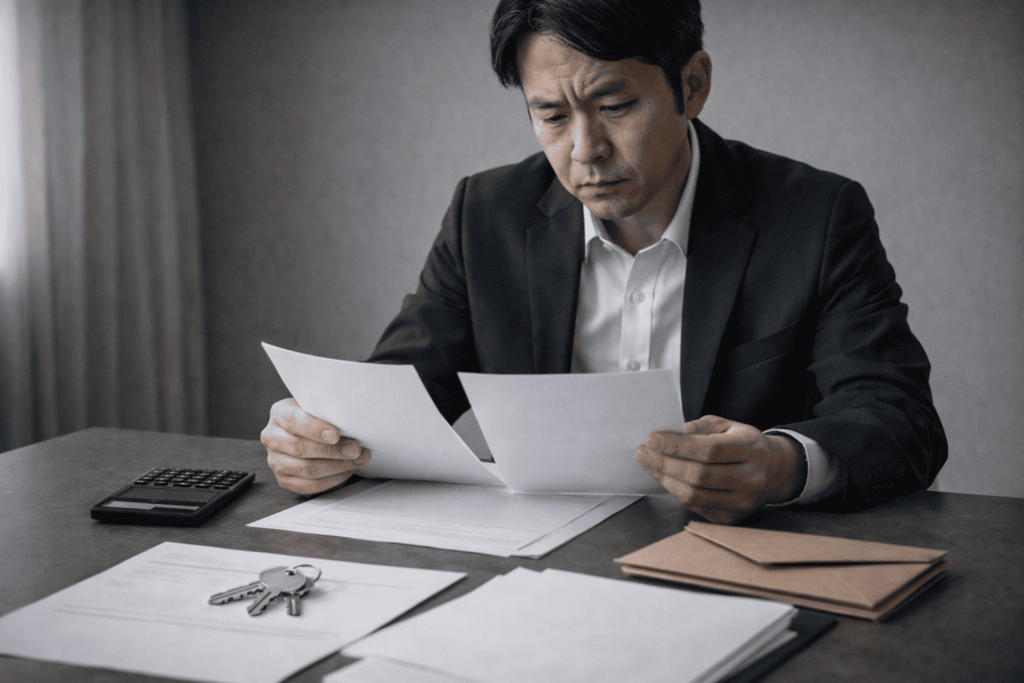 日本人男性が契約書と資金関連の書類を真剣に確認している、不正利用リスクを想起させるシーン