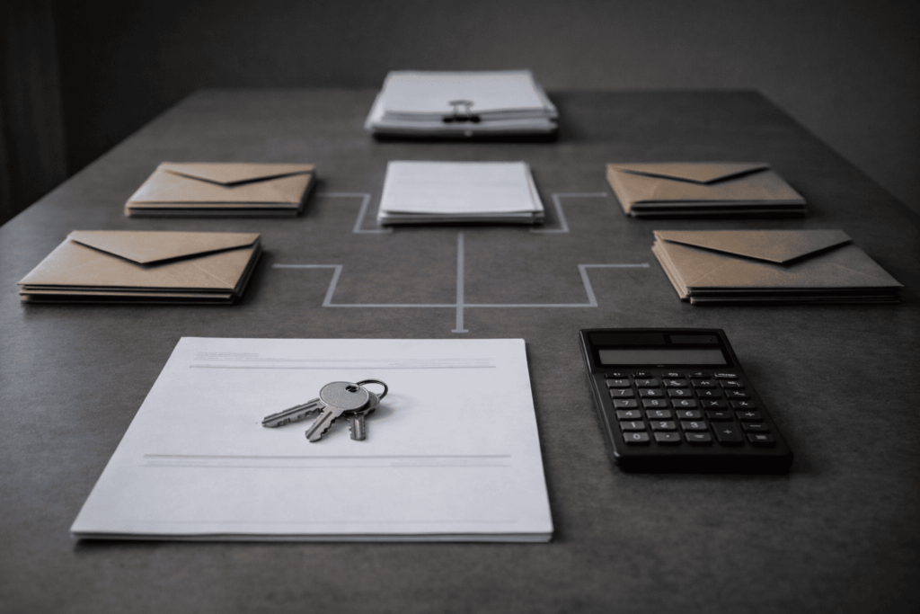 家賃収入が複数の中間業者に分配され、利益が目減りする構造を表現したデスク上の概念写真