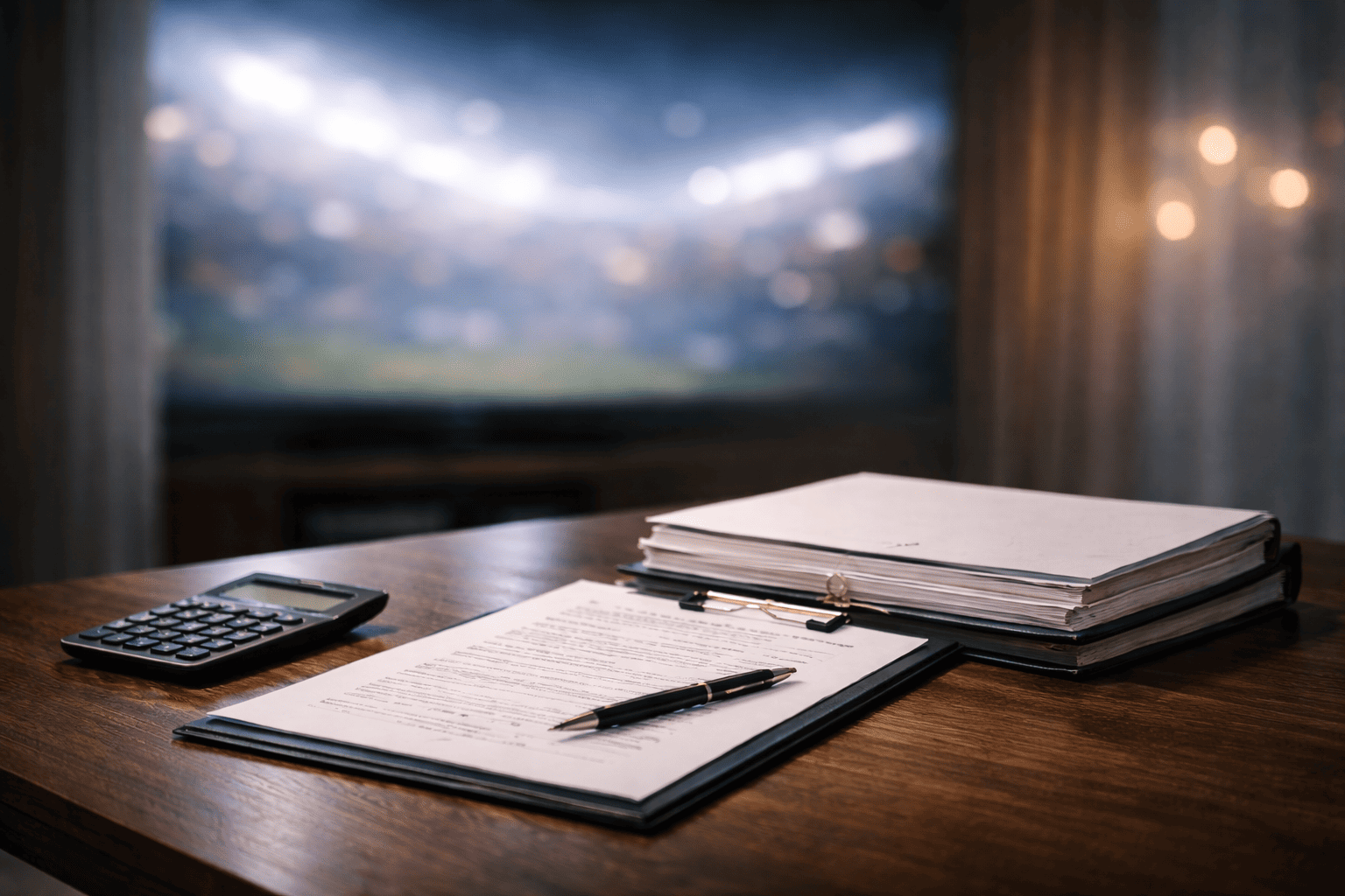 分厚い契約書と電卓の背後に明るい広告的な光が広がり、不動産広告の印象操作を連想させる抽象的なビジュアル