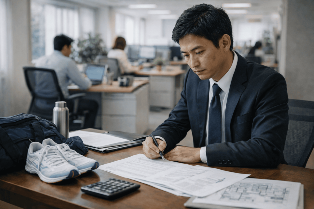 元アスリートを思わせる日本人男性が不動産営業オフィスで真剣に資料へ向き合う姿