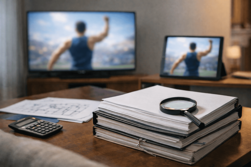 分厚い契約書の向こうに爽やかなスポーツ系広告映像がぼけて見え、印象と現実の差を示す構図