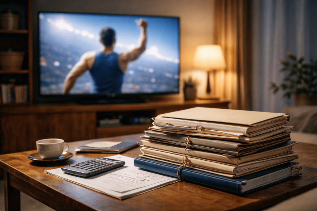 力強いスポーツ系CM映像と契約ファイルが並び、長く支え続ける企業イメージを感じさせる室内風景