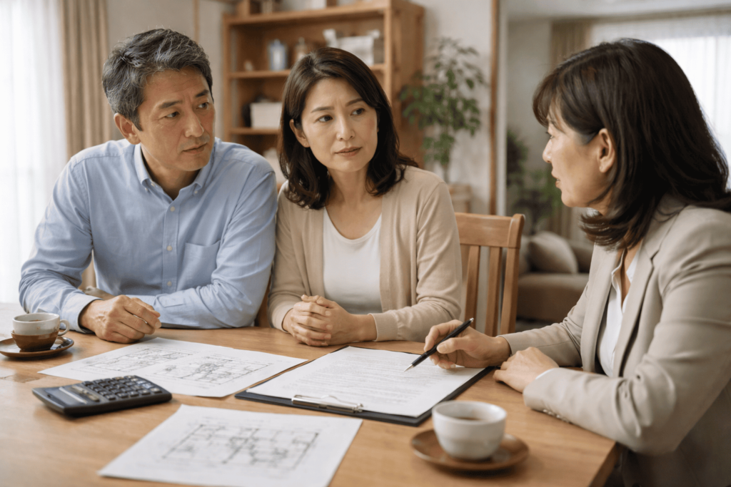 自宅のテーブルでリースバックの説明を受けながら、不安と安心が入り混じった表情を見せる中高年夫婦