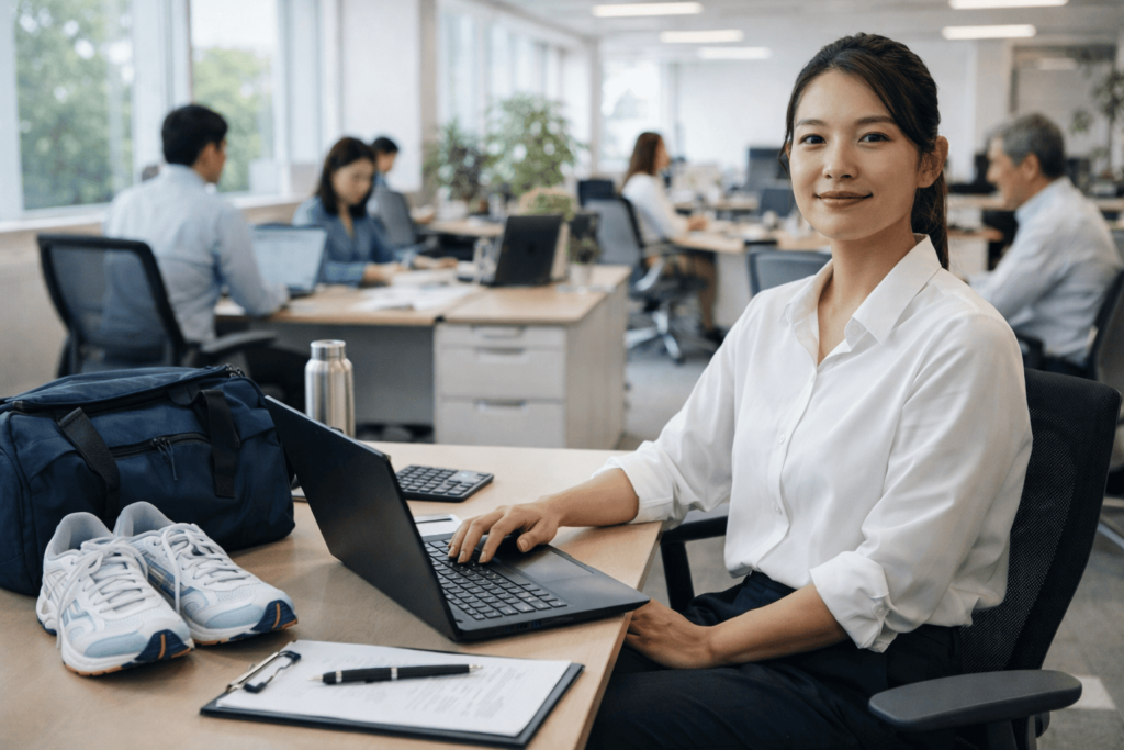 オフィスで仕事と競技活動の両立を感じさせる日本人女性アスリート社員の姿