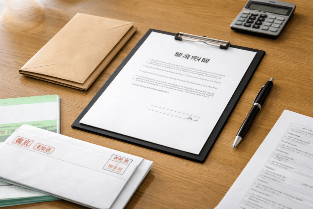 家賃減額通知への対応を連想させる無地の書類や封筒、電卓が静かな机の上に整理されて置かれている様子