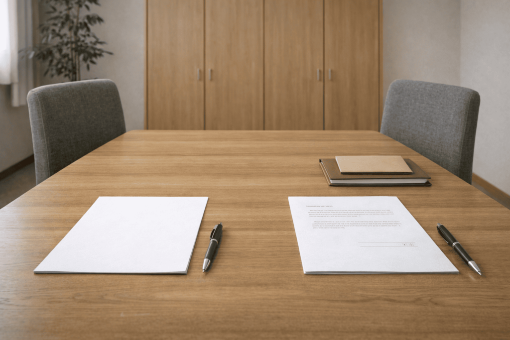 非公開の調停を思わせる静かな会議室で、書類と椅子が整えられた落ち着いた話し合いの場の様子