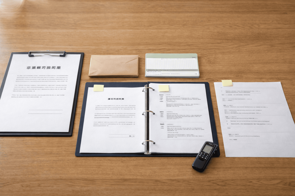 契約書や収支資料、通知書などが相談前に整理され、時系列で机の上に整然と並べられている様子