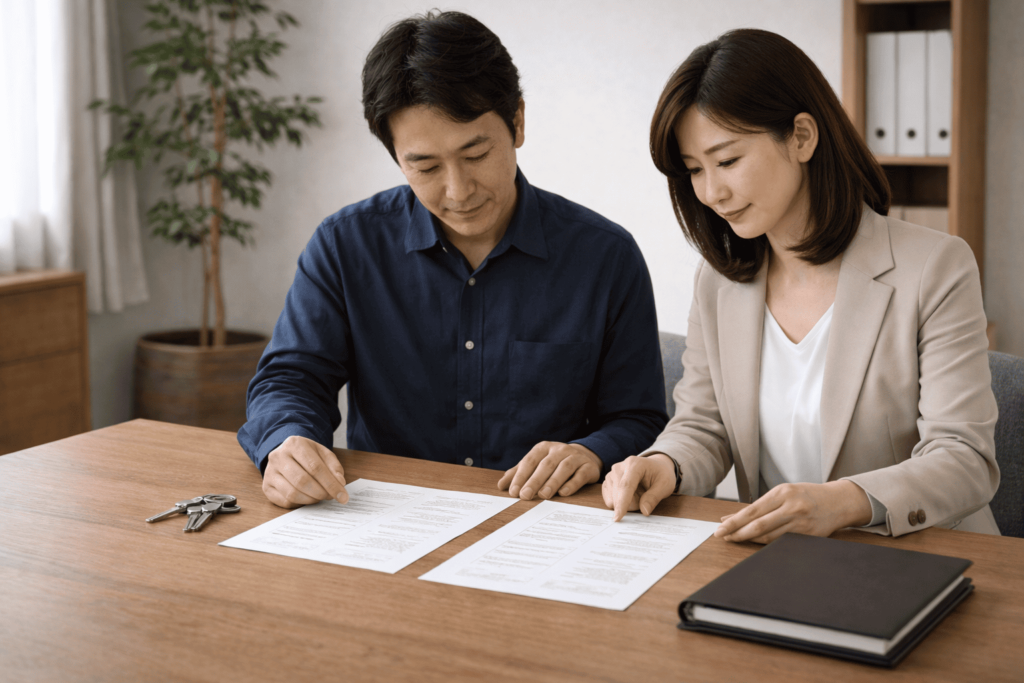 日本人男性オーナーと女性専門家が資料を見ながら落ち着いて今後の方針を確認している様子